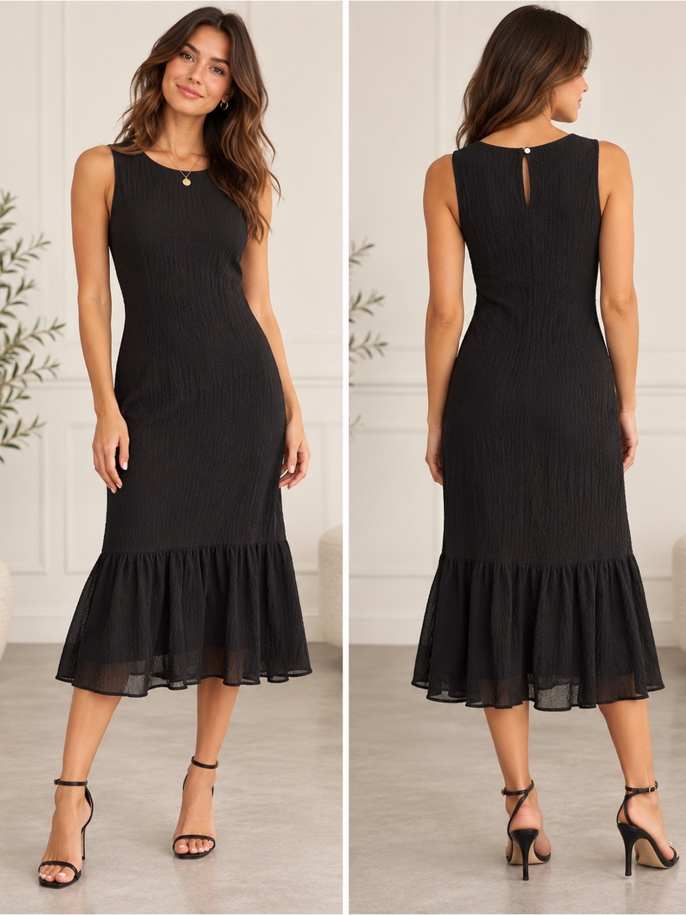 Chelsea28 Nordstrom Sleeveless Black Textured Midi Dress with Ruffle Hem Sz M
